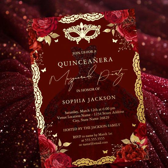 Masquerade Party Red Gold Rose Gown Quinceanera Foil