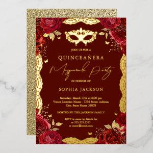 Masquerade Party Red Gold Rose Lace Quinceanera  Foil