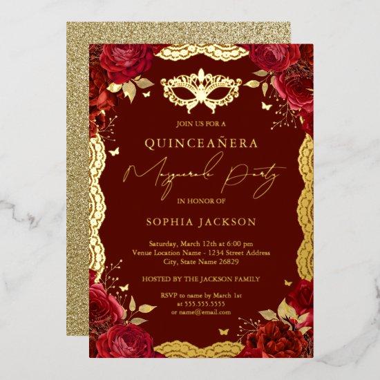 Masquerade Party Red Gold Rose Lace Quinceanera  Foil