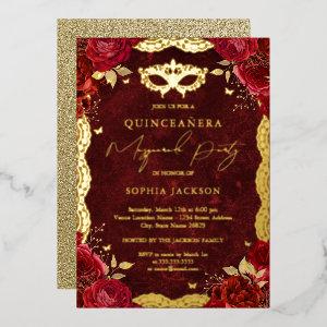 Masquerade Party Red Rose Lace Quinceanera  Foil