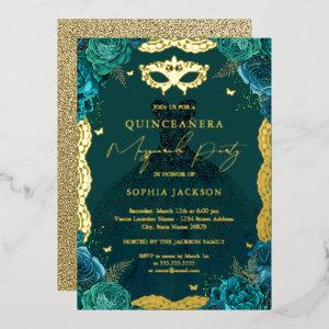 Masquerade Party Teal Floral Dress Quinceanera Foil
