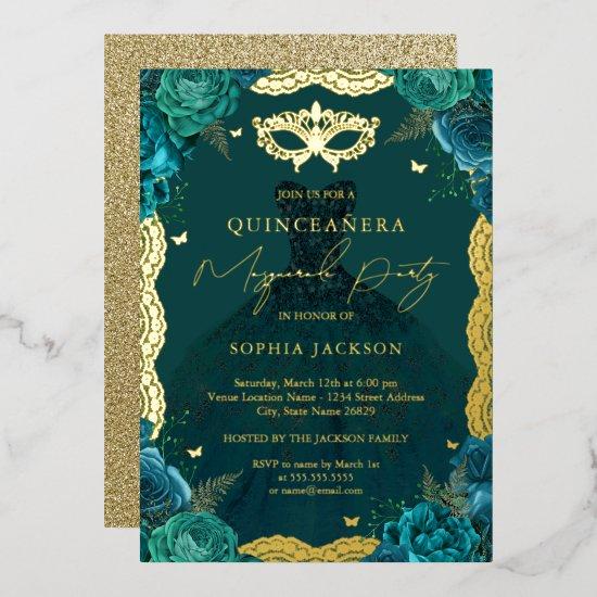Masquerade Party Teal Floral Dress Quinceanera Foil