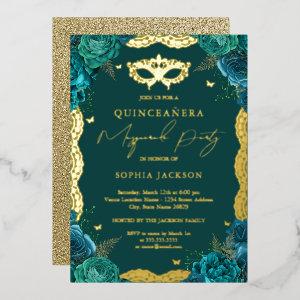 Masquerade Party Teal Floral Lace Quinceanera Foil