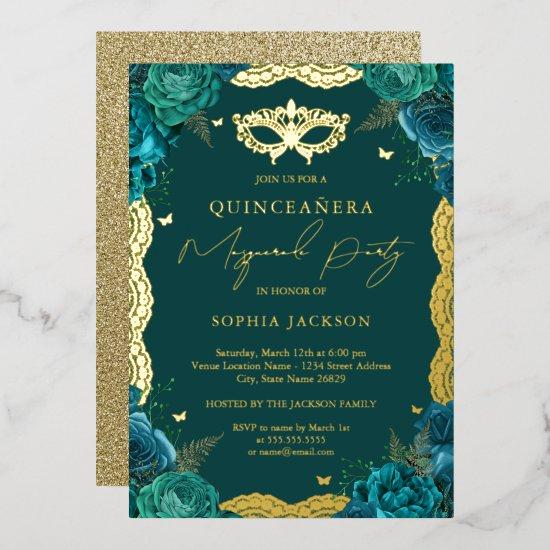 Masquerade Party Teal Floral Lace Quinceanera Foil