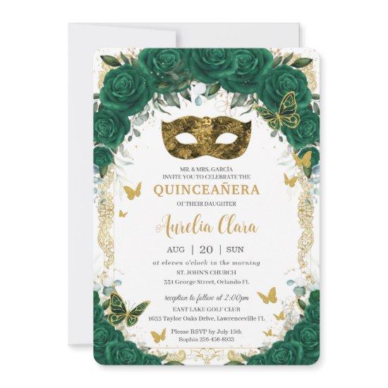 Masquerade Quinceañera Emerald Green Floral Gold