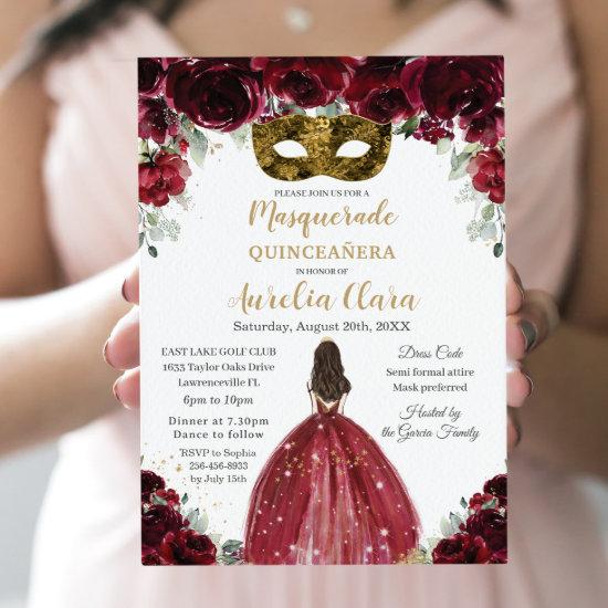 Masquerade Quinceañera Rich Burgundy Red Floral