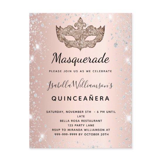 Masquerade rose gold silver glitter Quinceanera  Postcard
