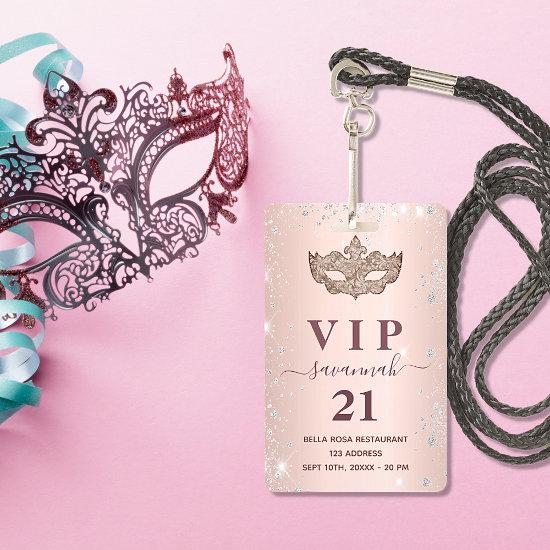 Masquerade rose gold silver glitter vip  badge