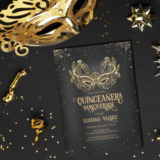 Masquerade Sparkly Gold Glitter Black Quinceañera