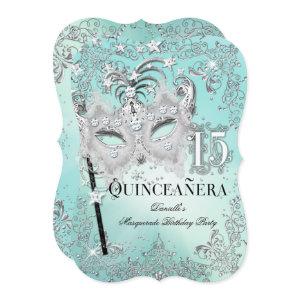Masquerade Teal Silver Quinceanera Birthday Invite