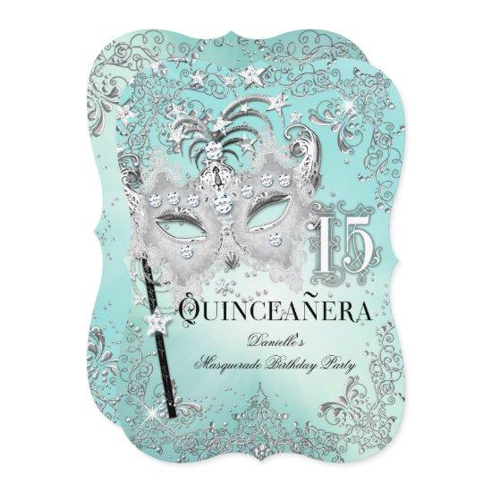 Masquerade Teal Silver Quinceanera Birthday Invite