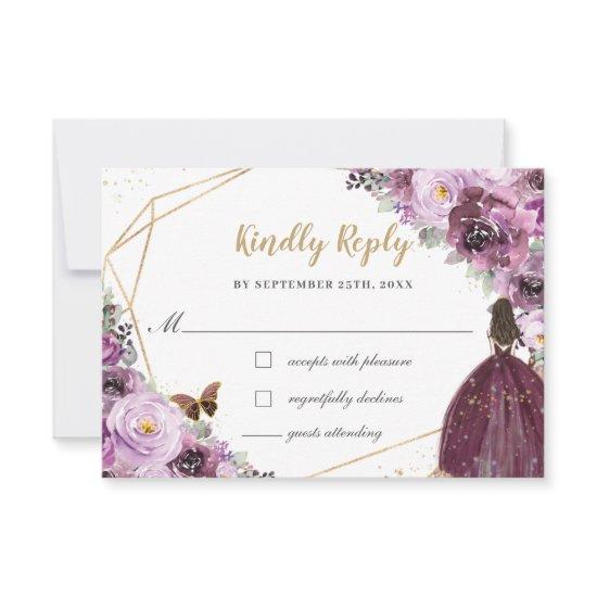 Mauve Plum Purple Floral Quinceañera Princess RSVP