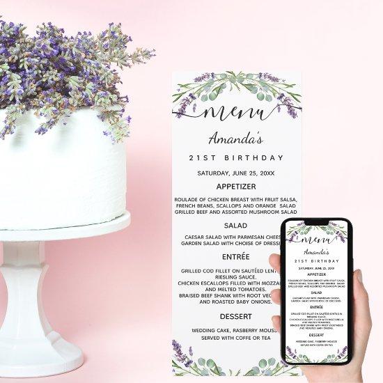 Menu lavender violet eucalyptus birthday card