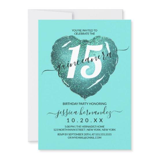 Mermaid Teal Glitter Heart Balloon Quinceañera