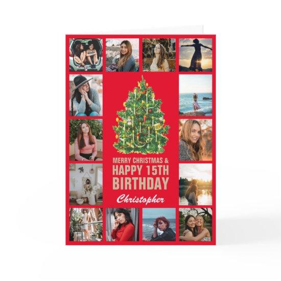 Merry Christmas and 15th Happy Birthday Red & Gold Card