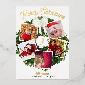 Merry Christmas Wreath 5 Photo Personalized, Gold Foil