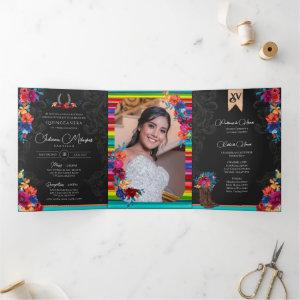 Mexican Fiesta Colorful Floral Charro Quinceanera Tri-Fold