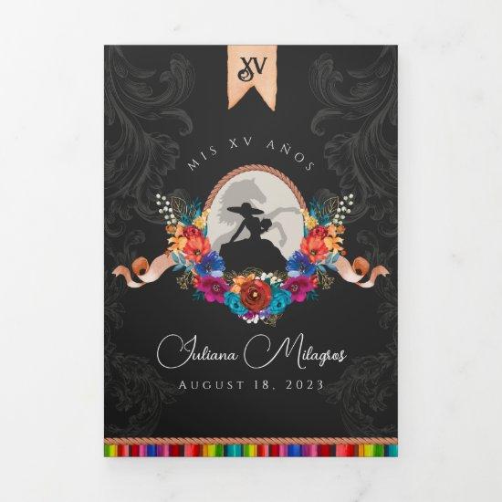 Mexican Fiesta Colorful Floral Charro Quinceanera Tri-Fold