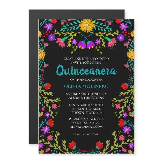 Mexican Fiesta Floral Black Quinceanera Party Magnetic