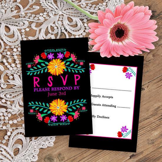 Mexican Fiesta Flowers Black Quinceanera RSVP Card
