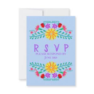 Mexican Fiesta Flowers Light Blue Quinceanera RSVP Card