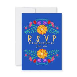 Mexican Fiesta Flowers Royal Blue Quinceanera RSVP Card