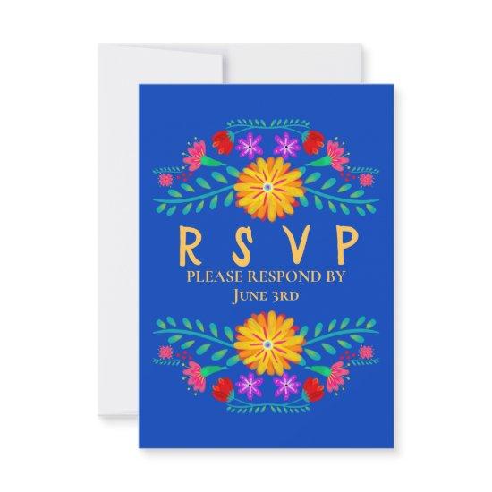 Mexican Fiesta Flowers Royal Blue Quinceanera RSVP Card