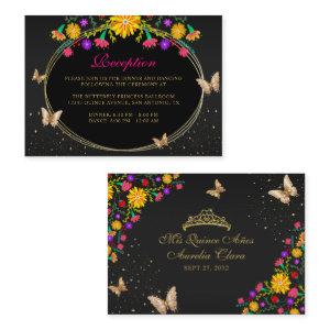 Mexican Floral Black Gold Butterfly Quinceañera Enclosure Card