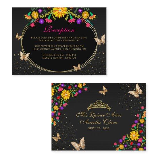 Mexican Floral Black Gold Butterfly Quinceañera Enclosure Card