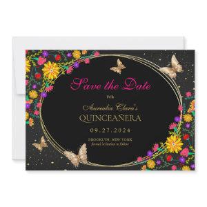 Mexican Floral Black Gold Butterfly Quinceanera Save The Date