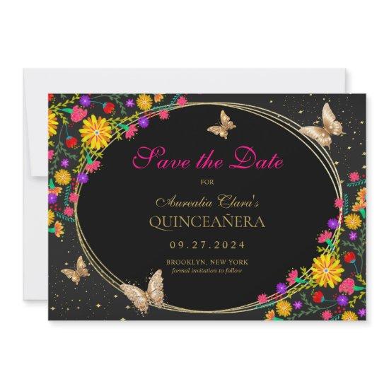 Mexican Floral Black Gold Butterfly Quinceanera Save The Date