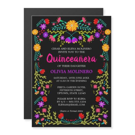 Mexican Folk Art Black Colorful Floral Quinceanera Magnetic