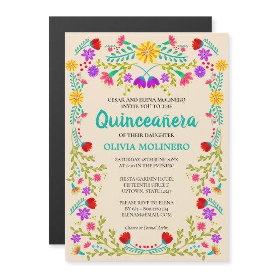 Mexican Folk Art Floral Champagne Quinceanera Magnetic