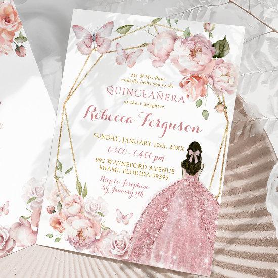 Mexican Gold Pink Floral Princess Quinceañera
