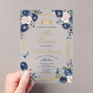 Mexican Navy Blue Floral & Gold Crown Mis Quince Acrylic