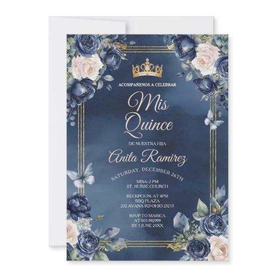Mexican Navy Blue & White Roses Girl Quinceañera
