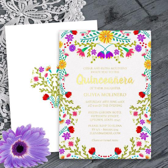 Mexican Quinceanera Fiesta Floral Real Gold Foil