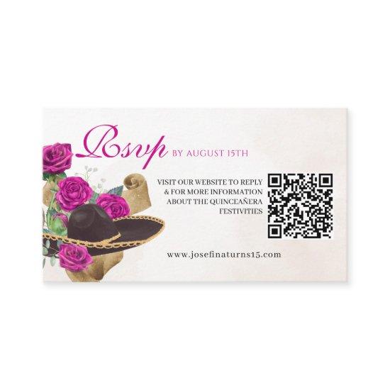 Mexicana Mariachi Charra Magenta Roses Quinceanera Enclosure Card