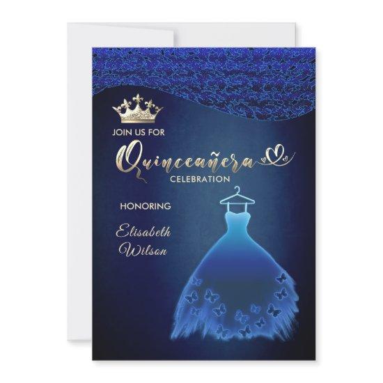 Midnight blue butterfly dress damask tiara Quince