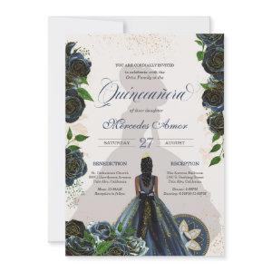 Midnight Navy Blue Roses Fancy Charro Quinceanera