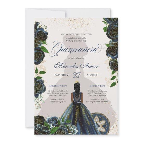 Midnight Navy Blue Roses Fancy Charro Quinceanera