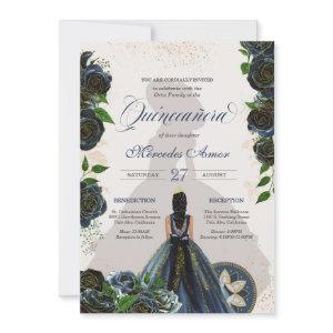 Midnight Navy Blue Roses Fancy Charro Quinceanera