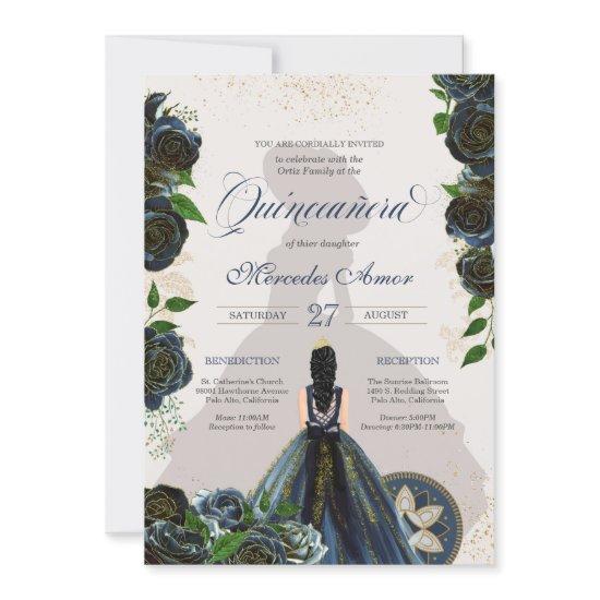 Midnight Navy Blue Roses Fancy Charro Quinceanera
