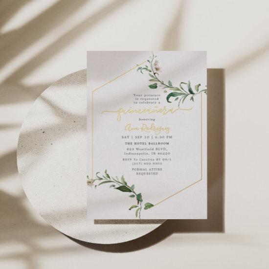 Minimal Elegant Greenery Floral Quinceañera Gold Foil