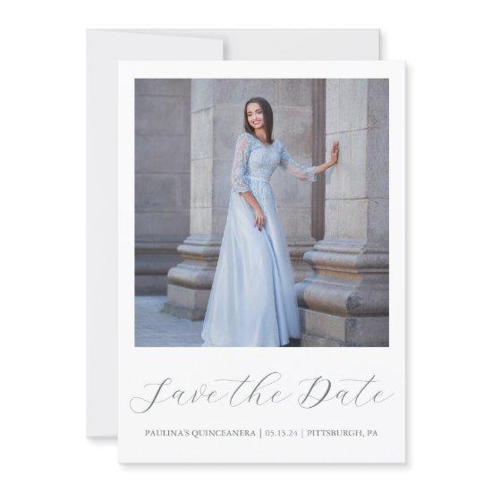 Minimal Gray Quinceanera Simple Calligraphy Photo Save The Date