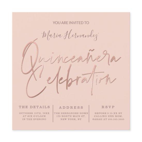 Minimalist Pink Rose Gold Typography Quinceañera