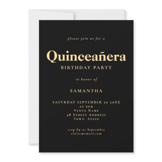 Minimalist Text Gold Black Quinceañera Birthday