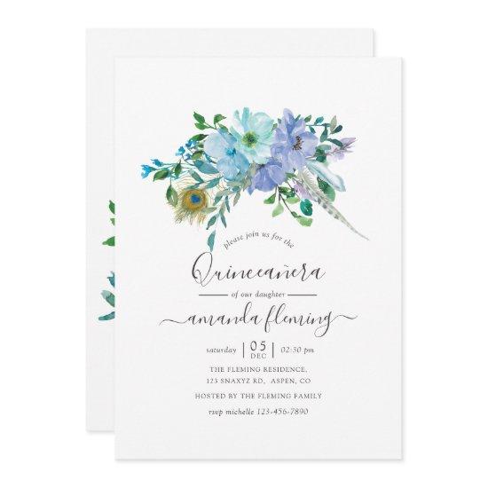 Mint and Blue Watercolor Boho Floral Quinceañera