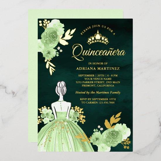 Mint Floral Dress Emerald Green Quinceanera Gold Foil