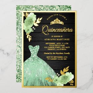 Mint Floral Sparkle Dress Wood Quinceanera Gold Foil